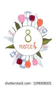  8 march vector greeting card with decor of tulips and lettering,in trendy colors. Simple flat style,on white background.