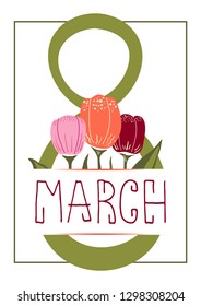 8 march vector greeting card with decor of tulips and lettering in trendy colors. Simple flat style on white background.
