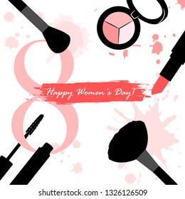 8 March vector greeting card, International Women's Day. Pink lipstick, mascara, makeup brushes and watercolor number eight, isolated on white background. Concept holiday banner, poster, background