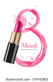 8 March vector greeting card, International Women's Day. Pink lipstick and watercolor number eight, isolated on white background. Concept for holiday banner, poster, background with place for text.