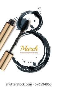 8 March vector greeting card, International Women's Day. Mascara and watercolor number eight, isolated on white background. Concept for holiday banner, poster, background with place for text.