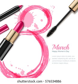 8 March vector greeting card, International Women's Day. Pink lipstick, mascara, pencil and watercolor number eight, isolated on white background. Concept for holiday banner, poster, background.