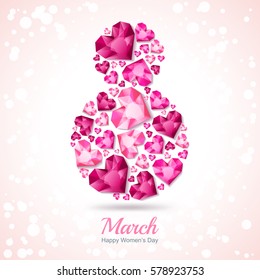 8 March vector greeting card, International Women's Day. Number eight with 3d gold heart diamonds, gems, jewels. Concept for holiday banner, poster, party invitation background.
