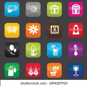 8 March vector icons for user interface design. Colored buttons on a dark background