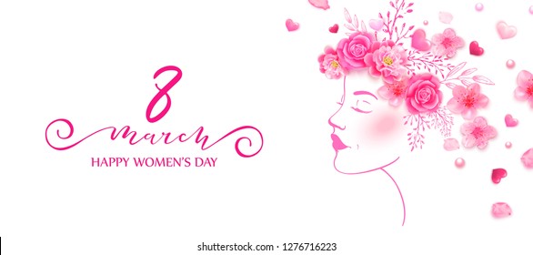 8 march vector illustration. Beautiful woman with spring flowers, cherry blossom, roses.Watercolor pink background. 
