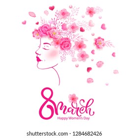 8 march vector illustration. Beautiful woman face with spring flowers, cherry blossom, roses. Happy women's day.