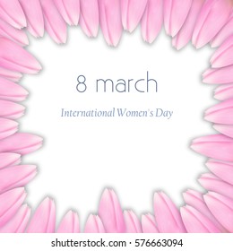 8 march Vector illustration Bouquet of pink tulips arranged in a circle on a white background and the inscription 8 march International women's day Postcard template in realistic style