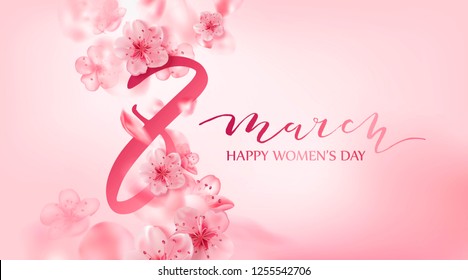 8 march vector illustration with cherry blossom flowers, flying petals. Pink sakura.  Happy women's day background. Spring design.