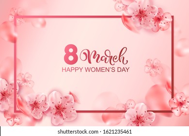 8 march vector illustration with cherry blossom flowers, flying petals. Pink sakura.  Happy women's day background. Spring design.
