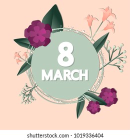 8 March. Vector illustration with flowers and text for greeting card, banner, poster.