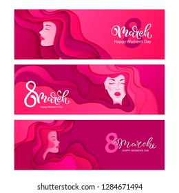 8 March vector illustration. Happy women's day modern design. Woman face with long hair. Paper art  female portrait.