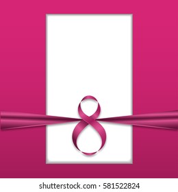 8 March Vector illustration Pink greeting card for 8 March is bandaged pink ribbon Realistic style