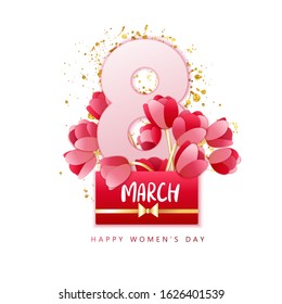 8 March vector illustration with red gift box and paper tulips.  Happy women's day hand crafted paper art composition.
