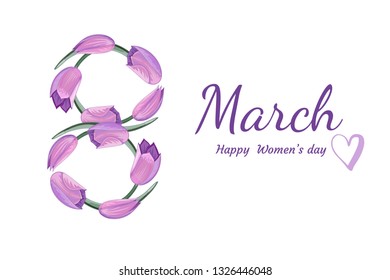 8 March vector illustration with watercolor effect hand drawn tulips.  Flower tulips number eight. Happy womens day text. Cute hearth. Gentle violet and pink colors. Isolated on white.