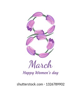 8 March vector illustration with watercolor effect hand drawn tulips. Flower tulips number eight. Happy womens day text.  Gentle violet and pink colors. Isolated on white.