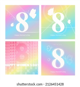 8 march vector set of 4 rainbow gradient cards with butterflies and geometrical abstract shapes