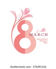 8 March. Vector symbol of figure eight and gently pink flower. International Women's Day.