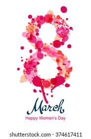 8 March vertical greeting card, flyer or banner, International Women's Day. Number eight made from pink watercolor blots and splashes. Vector hand drawn lettering illustration. Watercolor background.