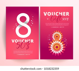 8 march voucher. Bright set of gift voucher 50 dollars discount 