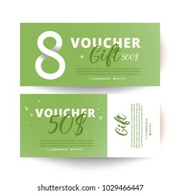 8 march voucher. 8 number 3d illustration with decoration on green background. Bright set of gift voucher 50 dollars discount 
