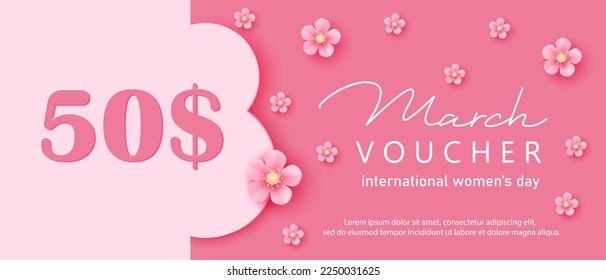 8 March voucher vector design. Pink paper cut sakura flowers.