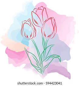 8 March watercolor card.Tulips on watercolor spots