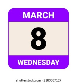 8 de marzo, miércoles. Plantilla de fecha. Diseño útil para la promoción de calendarios o eventos. Archivo EPS 10 de la ilustración del vector