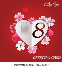 8 march white paper heart gift. Perfect card on red background. Cut from paper. Your message in paper heart. Vector illustration