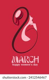 8 March woman silhouette and number 8 line design. Minimal flat style. Colorful poster, greeting card, print. Happy international women's day greetings. 