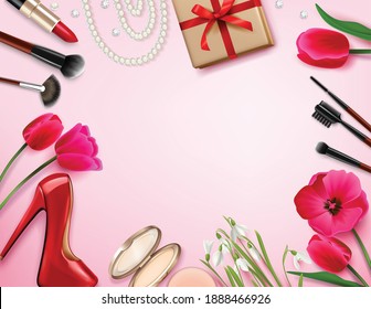 8 march womans day composition with empty pink space surrounded by flowers cosmetic products and gifts vector illustration