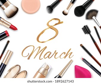 8 de marzo composición diurna de mujeres con imágenes aisladas de pinceles de aplicador y ilustración de vector de texto dorado ornamentado
