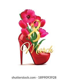 8 de marzo composición del día de las mujeres con icono aislado de zapato de tacón alto con ramas de flores ilustración vectorial