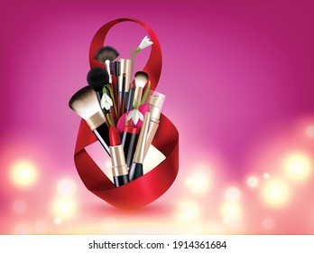 8 march womans day composition with realistic images of eight shaped ribbon with flowers cosmetic brushes vector illustration