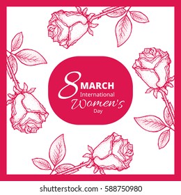8 march. Woman's day greeting card with red rose, vector template