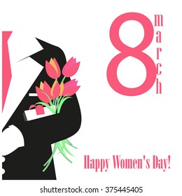 8 march. Woman's day. Vector greeting card. Men's suit with a bouquet of tulips and gift. Elegant and trendy concept