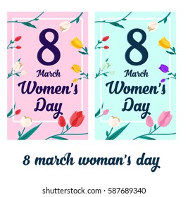 8 March woman's day vector illustrations greeting card with tulips