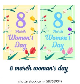 8 March woman's day vector illustrations greeting card with tulips