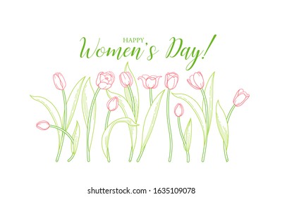 8 March Women Day vector greeting card. Lettering for Happy Woman's Day. Bouquet of blooming spring flowers. Tulip flower. Symbol for Women's Day, Mothers Day. Isolated tulips on white. Springtime