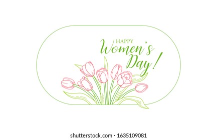 8 March Women Day vector greeting card. Lettering for Happy Woman's Day. Bouquet of blooming spring flowers. Tulip flower. Symbol for Women's Day, Mothers Day. Isolated tulips on white. Springtime 8 March Women Day vector greeting card. Lettering for Happy Woman's Day. Bouquet of blooming spring flowers. Tulip flower. Symbol for Women's Day, Mothers Day. Isolated tulips on white. Springtime