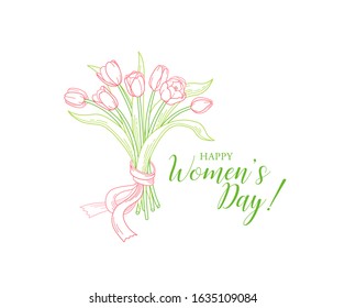 8 March Women Day vector greeting card. Lettering for Happy Woman's Day. Bouquet of blooming spring flowers. Tulip flower. Symbol for Women's Day, Mothers Day. Isolated tulips on white. Springtime