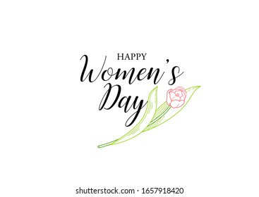 8 March Women Day vector greeting card. Lettering for Happy Woman's Day. Bouquet of blooming spring flowers. Tulip flower. Symbol for Women's Day, Mothers Day. Isolated tulips on white. Springtime