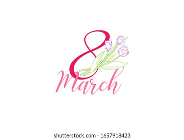 8 March Women Day vector greeting card. Lettering for Happy Woman's Day. Bouquet of blooming spring flowers. Tulip flower. Symbol for Women's Day, Mothers Day. Isolated tulips on white. Springtime