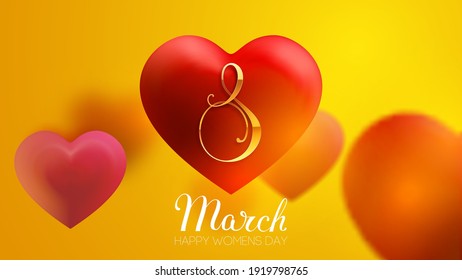 8 March women day vector heart on yellow background. EPS 10 vector illustration. Red heart 3d vector for international women's day.