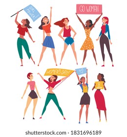 8 March, Women Fighting for their Rights Set, Empowerment Movement, International Women Day Vector Illustration