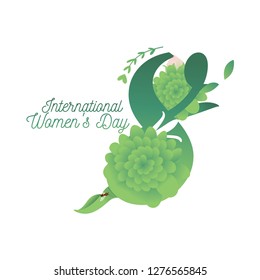 8 March. Women s day vector greeting card with decor paper cut flowers, bee, and leafs. green number 8 Applicable for web banner, flyer, cards, and invitations.