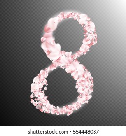 8 March Women s Day template object. Pink flying Cherry petals Eight. EPS 10 vector file included