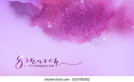 8 march, women's day background with pink, violet  watwercolor wash and glitter.