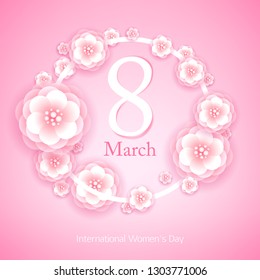 8 march women's day background greeting card. Paper cut flowers. International lady's holiday design template.