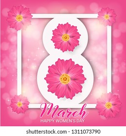 8 march women's day background greeting card. International lady's holiday design template with Flower Design on Pink Background.