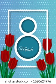 8 march, women's day background, banners, women's day flyer, womens day design with flowers on blue background, Copy space text area, illustration.